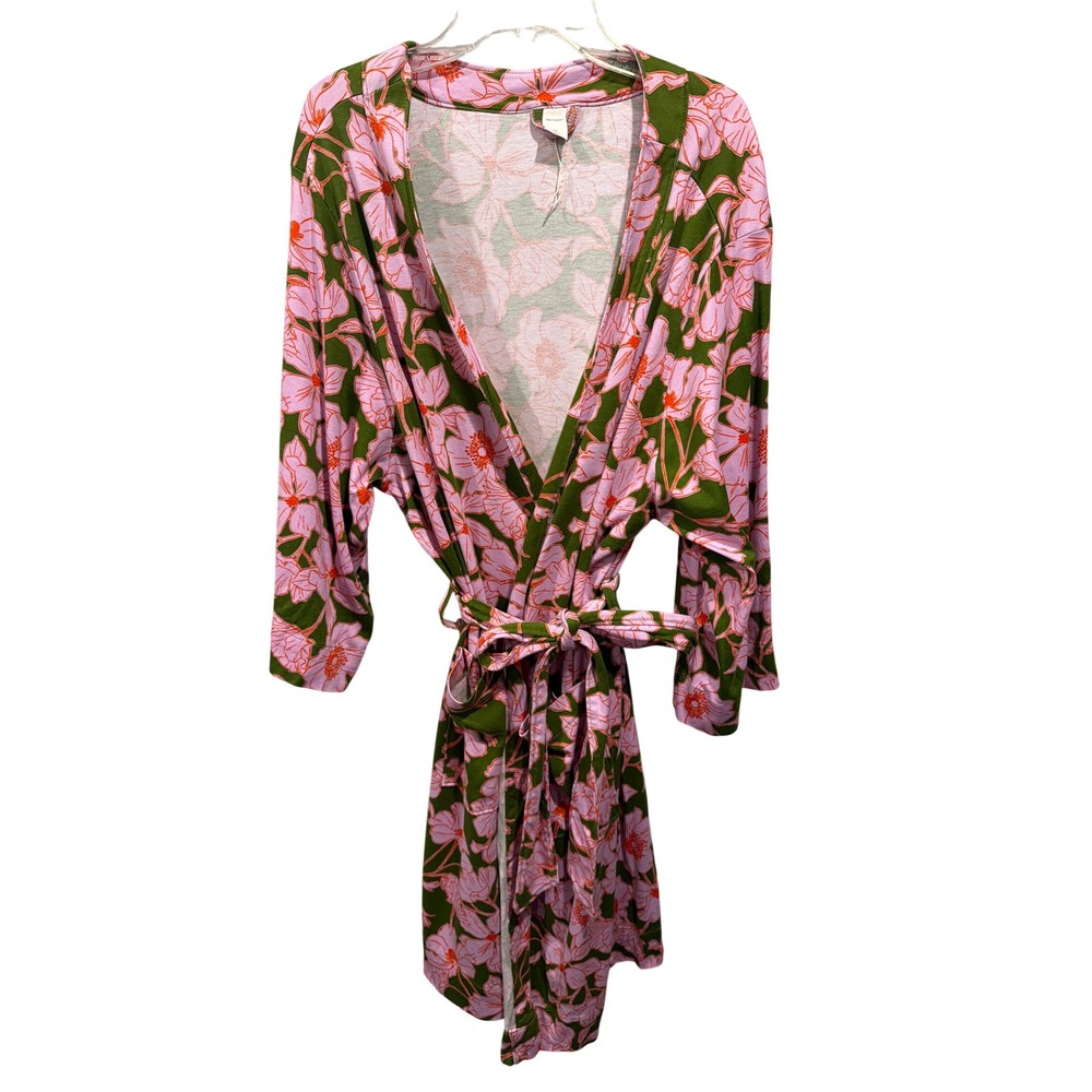 Vera Bradley Robe Pink Green Floral Cotton Wrap Loungewear S/M 3/4 Sleeve
